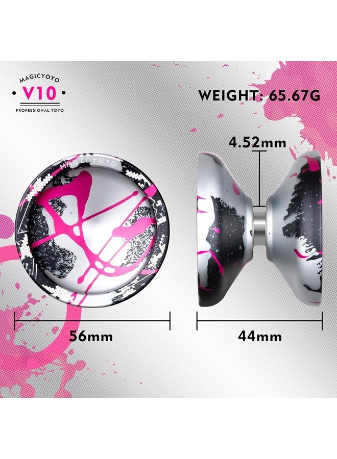 MAGICYOYO V10 Professional Unresponsive Yoyo for Kids& Adults, Pro Finger Spin & Combo Tricks Yo Yo, Magic Yoyo V10 Unresponsive Yo-yo Metal with 12 Yo-yos String+ Bag+ Glove, Black& Silver& Pink