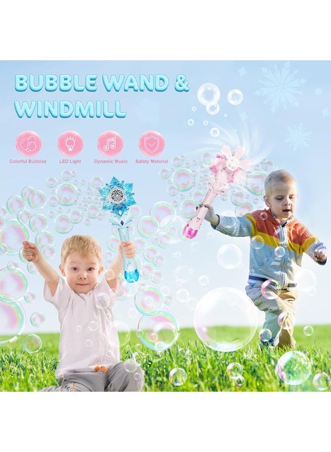 VATOS Bubble Wands 2 Packs for Kids, Automatic Bubble Blower Machine, Light & Music Snowflake Bubble Wand with 2 Windmill & 4 Bottles Bubble Solutions, Bubble Toy for Toddler Girl Boys Adult Party