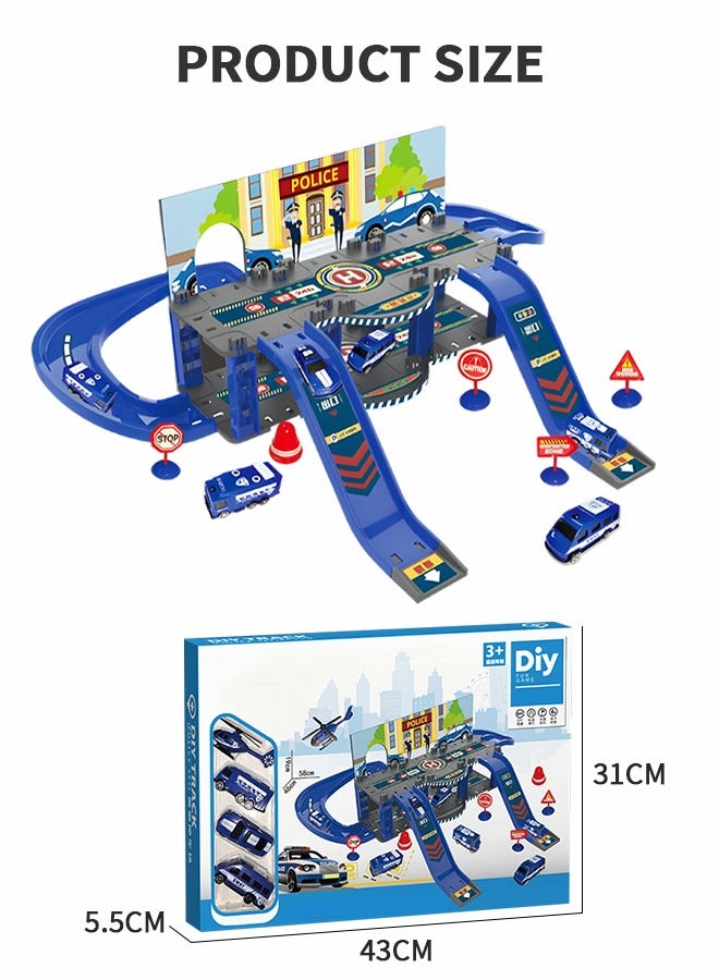 Track Car Toy Set, Toy Car Garage Diecast Vehicle Playset with 4 Cars Garage Track Set Race Car Ramp Track Toy Car Park Toys