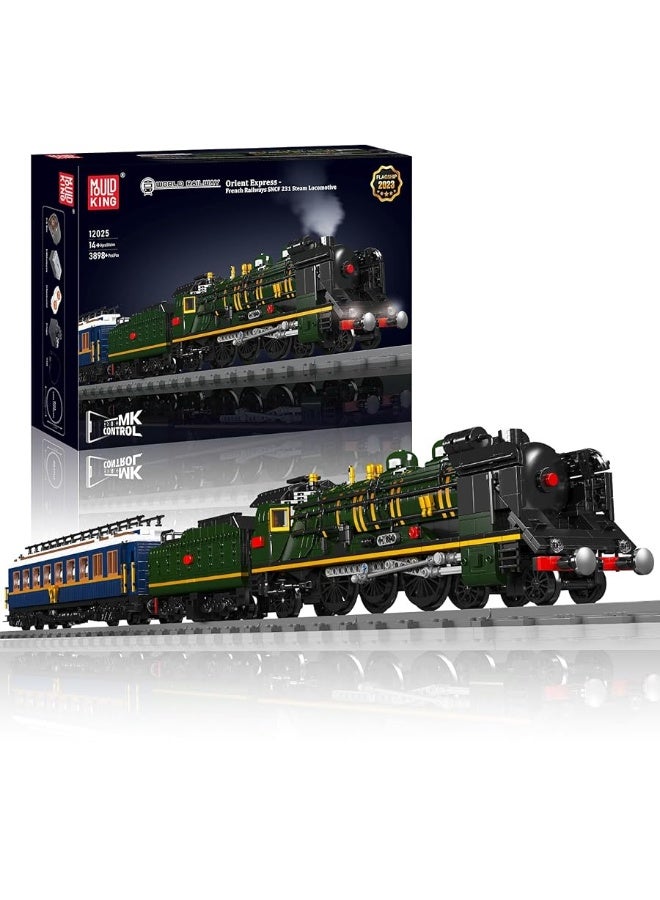 Mould King 12025 Train Building Toy, Steam Locomotive Lighting Train Building Blocks Set with LED Light, RC Control Train with Motors and Tracks(3898 Pieces)