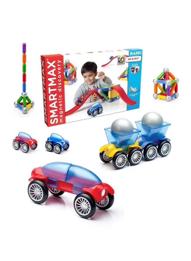 SmartMax Stunt Cars (Basic Stunt) STEM Magnetic Discovery Building Set with Moving Vehicles Featuring Safe, Extra-Strong, Oversized Building Pieces for Ages 3+