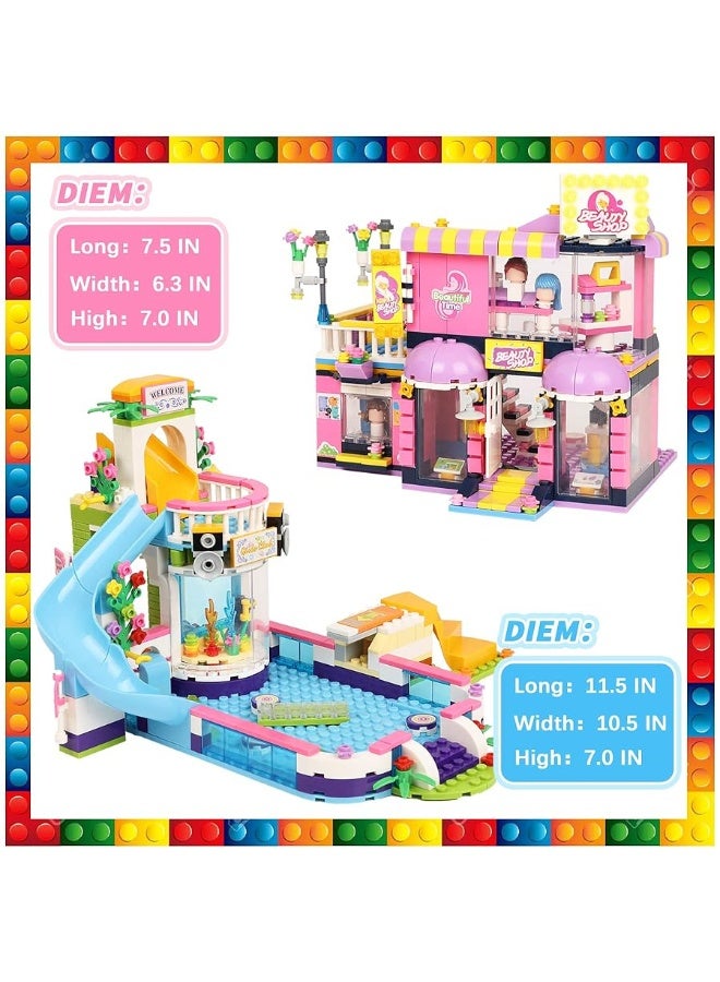 1373 Pieces Summer Pool Party Time, Hair Salon Toys Building Blocks Set Includes Juice Bar, Cars Building Play Kit,Storage Box, Learning and Roleplay Gift for Boys Girls 6-12