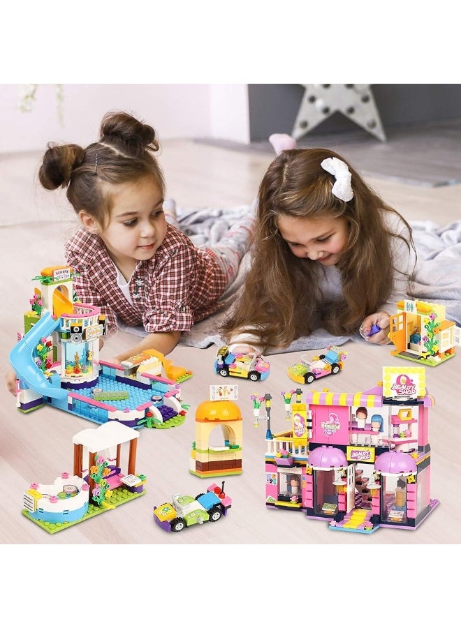 1373 Pieces Summer Pool Party Time, Hair Salon Toys Building Blocks Set Includes Juice Bar, Cars Building Play Kit,Storage Box, Learning and Roleplay Gift for Boys Girls 6-12