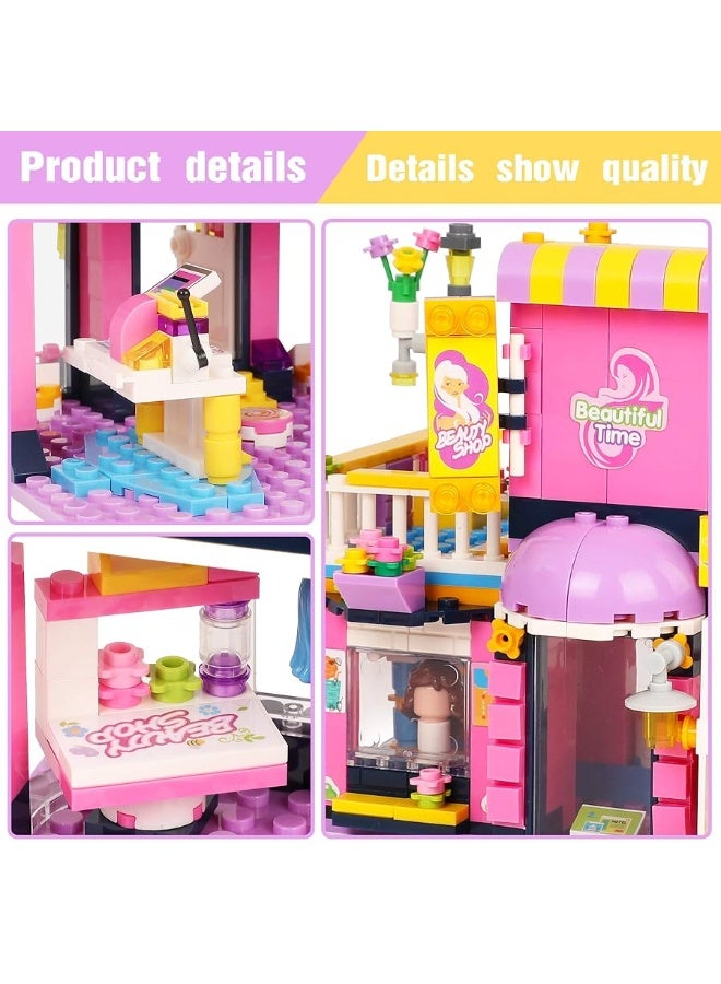 1373 Pieces Summer Pool Party Time, Hair Salon Toys Building Blocks Set Includes Juice Bar, Cars Building Play Kit,Storage Box, Learning and Roleplay Gift for Boys Girls 6-12