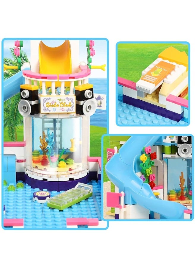 1373 Pieces Summer Pool Party Time, Hair Salon Toys Building Blocks Set Includes Juice Bar, Cars Building Play Kit,Storage Box, Learning and Roleplay Gift for Boys Girls 6-12