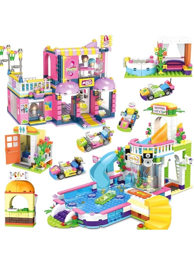 1373 Pieces Summer Pool Party Time, Hair Salon Toys Building Blocks Set Includes Juice Bar, Cars Building Play Kit,Storage Box, Learning and Roleplay Gift for Boys Girls 6-12