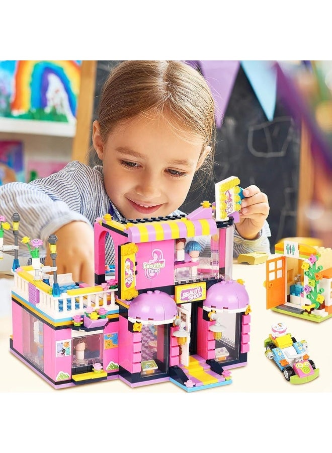 1373 Pieces Summer Pool Party Time, Hair Salon Toys Building Blocks Set Includes Juice Bar, Cars Building Play Kit,Storage Box, Learning and Roleplay Gift for Boys Girls 6-12