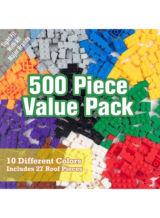 SCS Direct Building Block Bricks  Set of 500 Pc Bulk Set  10 with 27 Bonus Roof Pieces  Tight Fit with All Major Brands Great for Activity Tables Creativity and School Projects