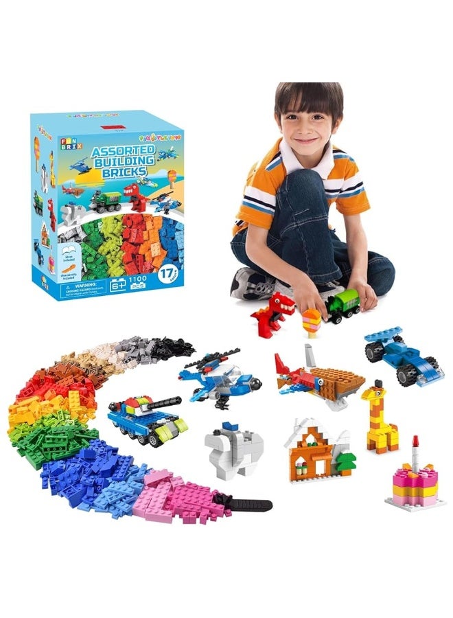 1100 Piece Building Blocks Classic Building Toys, Creative Bulk Building Bricks Sets Compatible with Legos Baseplate Sets 17 Colors Mixed 147 Shapes for Kids Party Favors Birthday Gift