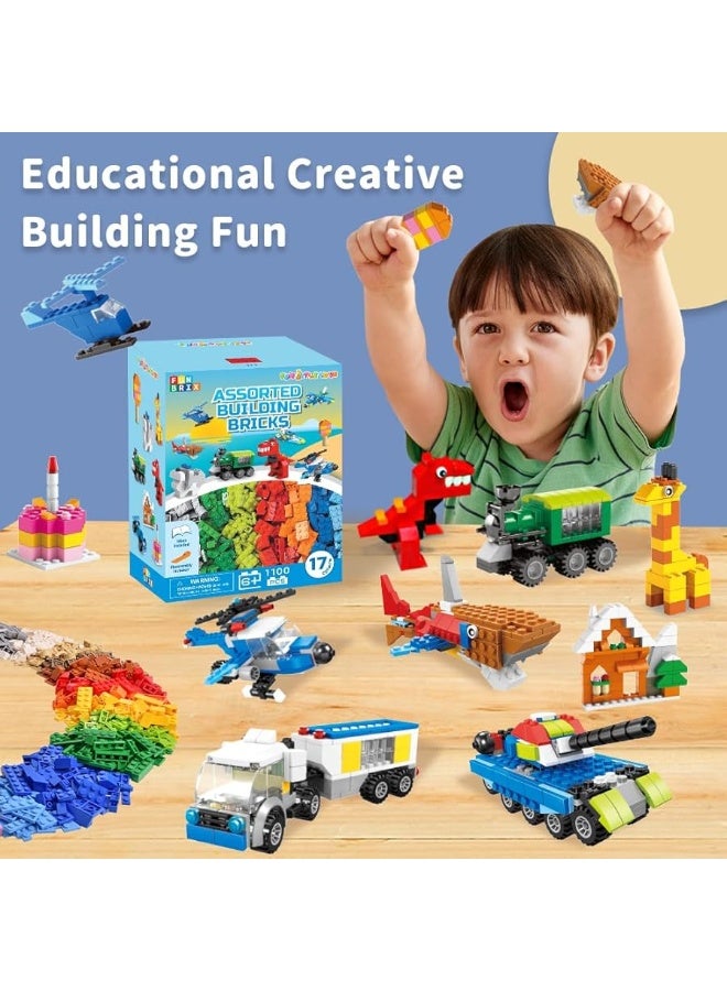 1100 Piece Building Blocks Classic Building Toys, Creative Bulk Building Bricks Sets Compatible with Legos Baseplate Sets 17 Colors Mixed 147 Shapes for Kids Party Favors Birthday Gift