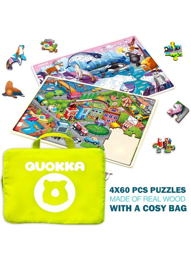 QUOKKA Wooden Puzzles for Kids Ages 4-6 â€“ 4 x 60 Piece Kids Puzzles Ages 4-8-10 Year Olds by QUOKKA - Jigsaw Learning Game with Animals Dinosaurs City for 3-5 yo Wood Toys for Boys and Girls