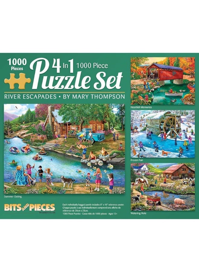 Bits and Pieces â€“ 4-in-1 Multi-Pack - 1000 Piece Jigsaw Puzzles for Adults â€“ 1000 pc River Escapades Puzzle Set Bundle by Artist Mary Thompson - 20