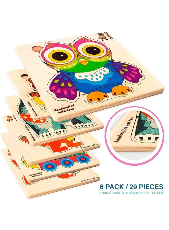 QUOKKA Wooden Puzzles for Toddlers 1-3 - 6XSET Toddler Puzzles Ages 2-4 - Wood Learning Montessori Toys 3-5 Year Old - Preschool Animal Travel Game Gift for Boys & Girls