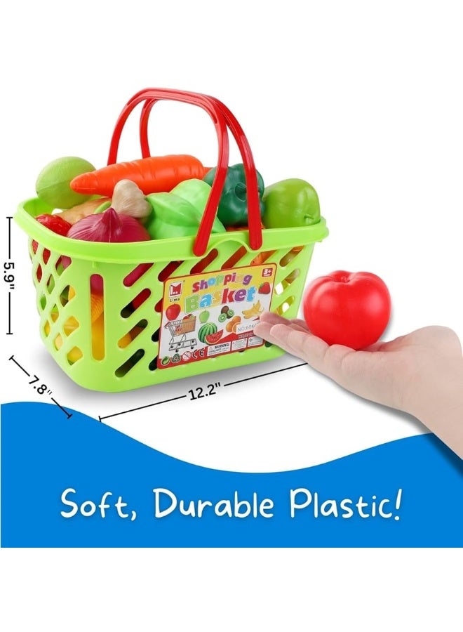 38 PCS Fruits and Vegetables Shopping Basket Play Food Plastic Toys Set, Healthy Farmer's Market Grocery Educational Pretend Play Set for Kids