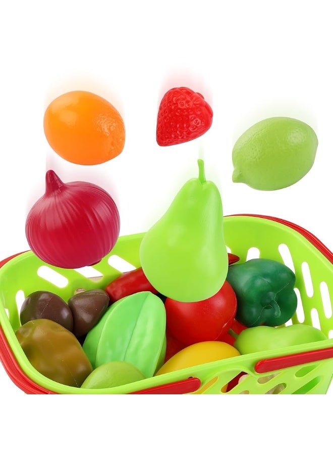 38 PCS Fruits and Vegetables Shopping Basket Play Food Plastic Toys Set, Healthy Farmer's Market Grocery Educational Pretend Play Set for Kids