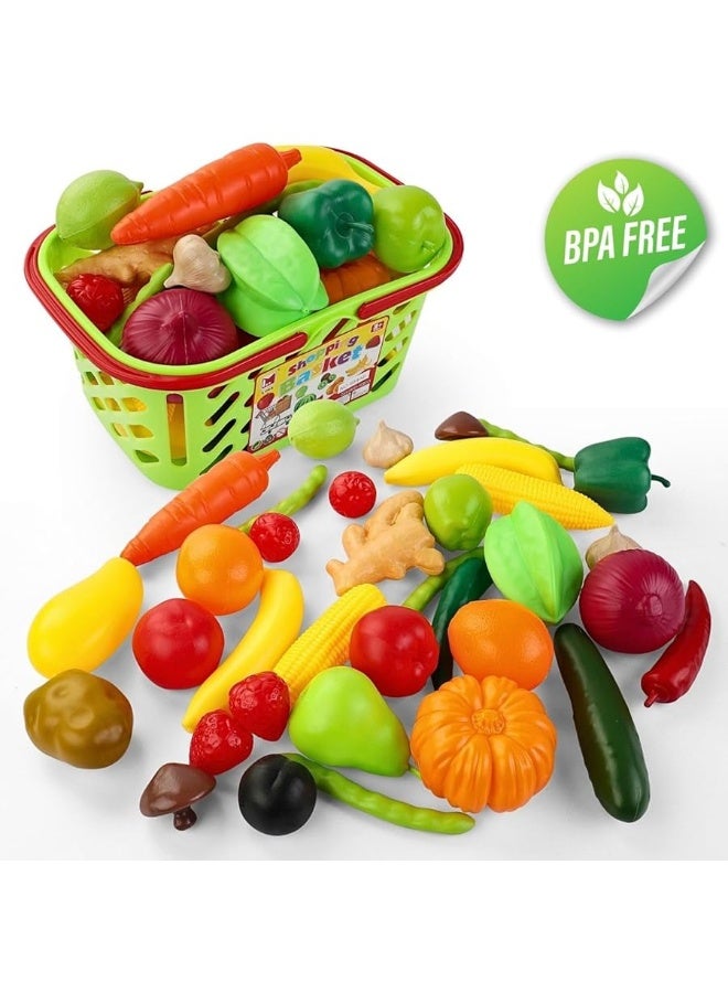 38 PCS Fruits and Vegetables Shopping Basket Play Food Plastic Toys Set, Healthy Farmer's Market Grocery Educational Pretend Play Set for Kids