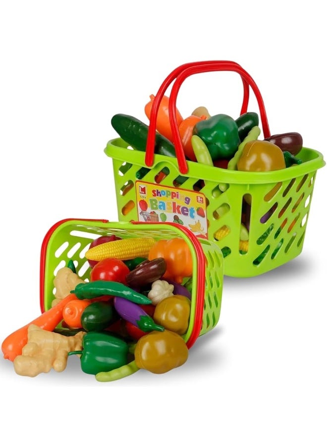 38 PCS Fruits and Vegetables Shopping Basket Play Food Plastic Toys Set, Healthy Farmer's Market Grocery Educational Pretend Play Set for Kids