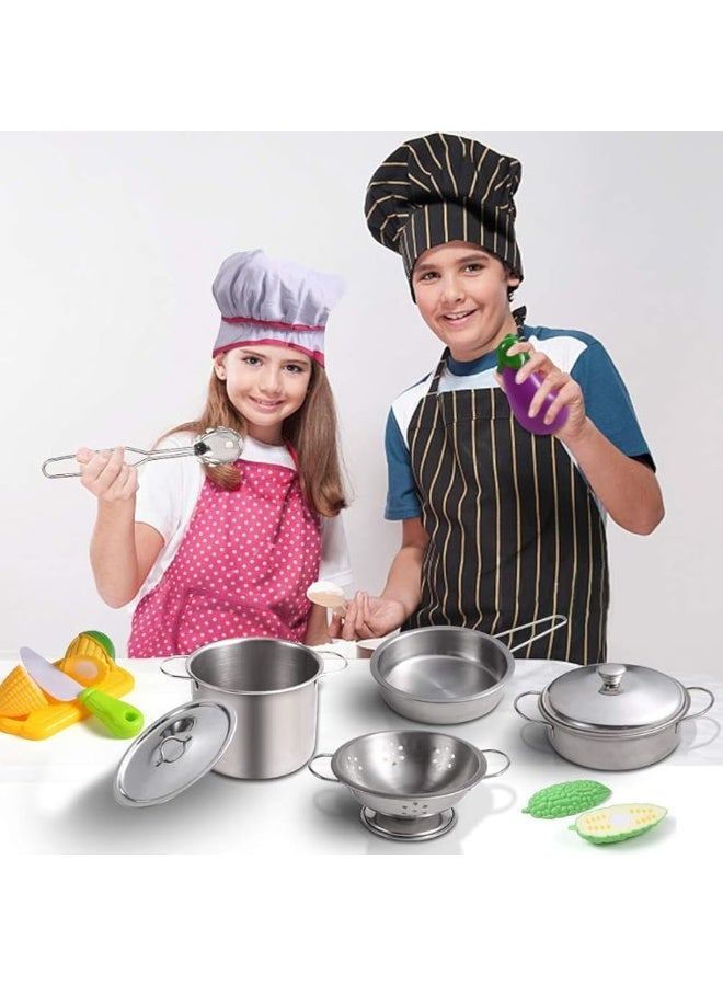 Juboury Kitchen Pretend Play Toys with Stainless Steel Cookware Pots and Pans Set, Cooking Utensils, Apron & Chef Hat, Cutting Vegetables for Kids, Girls, Boys, Toddlers