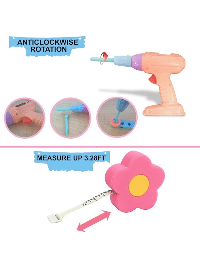 Gifts2U Toy Tool Set for Girls Pretend Play Toy with Play Drill Tool Box, Vest Costume and Toy Tape Measure, Pink Toy Tool Set Learning Tool Kit for Girls Toddlers Boys Age 3 4 5 6 Home Stem DIY Gifts