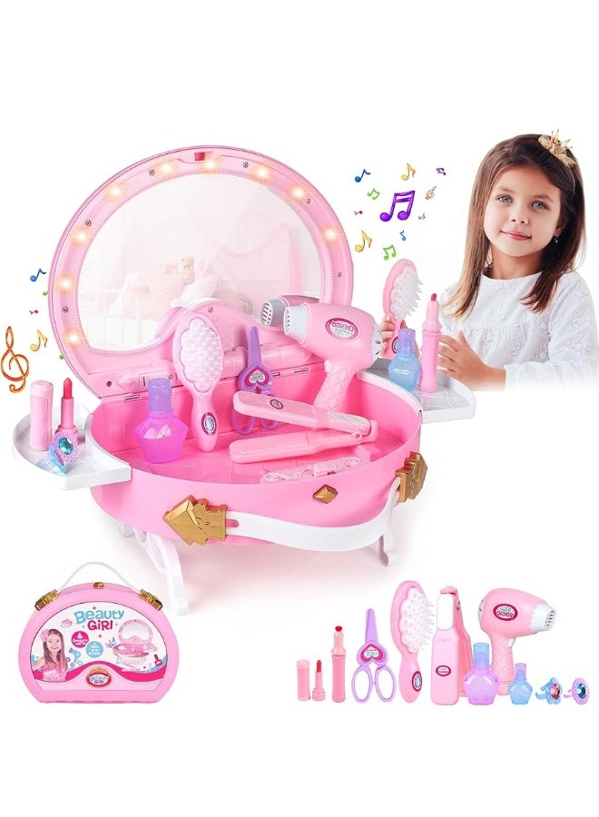 Toddler Vanity - Portable Kids Vanity Set with Mirror & Makeup Accessories, Lights and Music, Makeup Kits Princess Toys for Girls Aged 3+