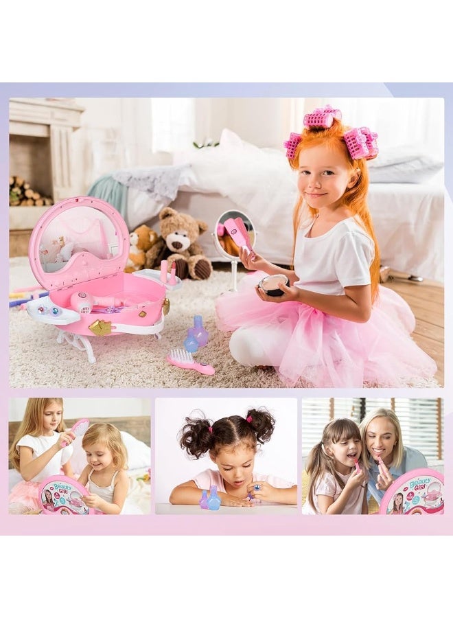 Toddler Vanity - Portable Kids Vanity Set with Mirror & Makeup Accessories, Lights and Music, Makeup Kits Princess Toys for Girls Aged 3+