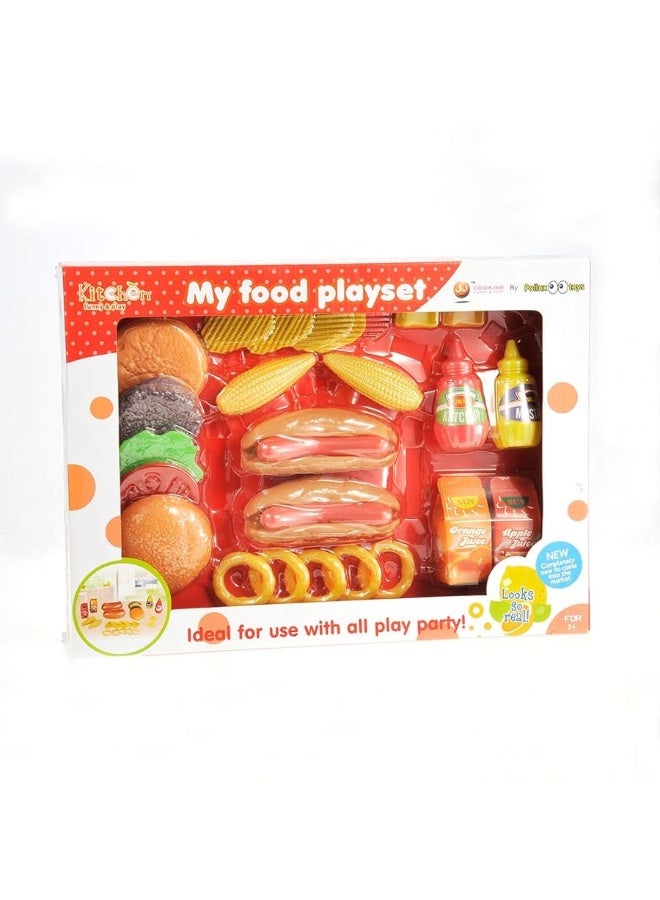 Fast Food Pretend Play Set | Includes Burger, Hot Dog, Potato Chips, Onion Rings, Corn and More Accessories | Cooking Play Set