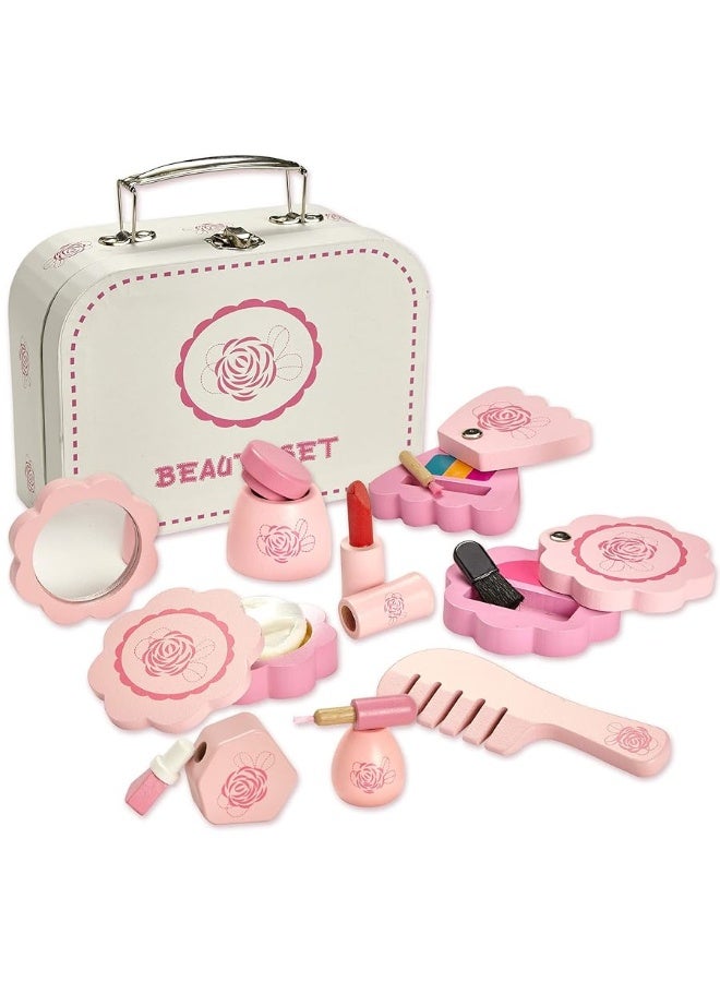 Wooden Toy Beauty Set â€“ 10 Piece Kit - Girls Salon Set with Makeup, Brush, Mirror and Cosmetics Case - 100% Natural Wood, Nontoxic Paint, Smooth Edges