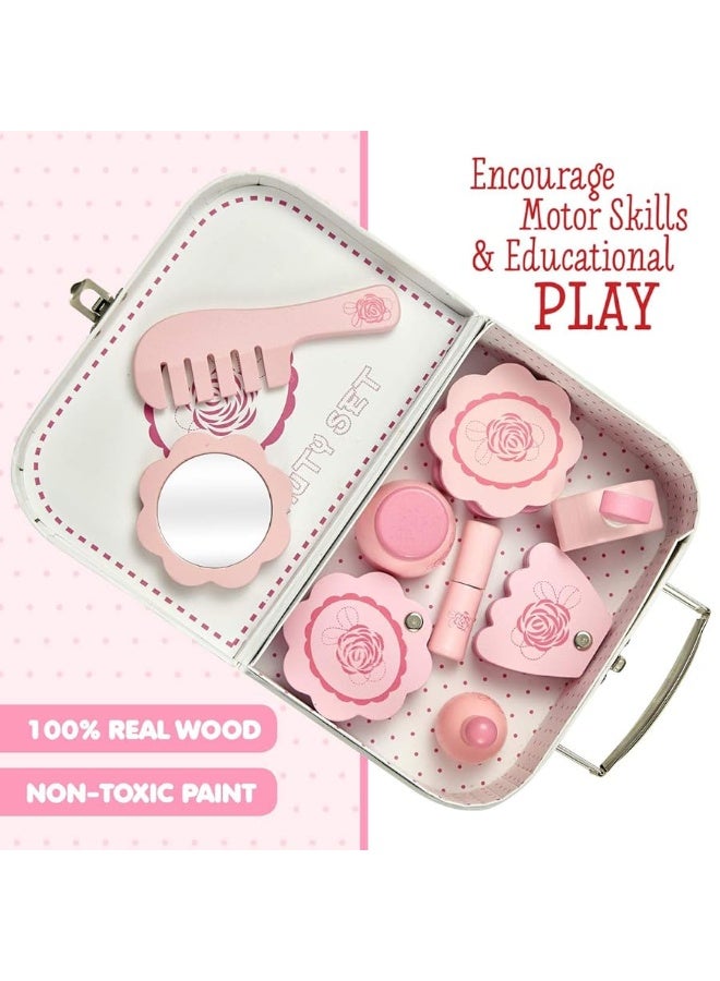 Wooden Toy Beauty Set â€“ 10 Piece Kit - Girls Salon Set with Makeup, Brush, Mirror and Cosmetics Case - 100% Natural Wood, Nontoxic Paint, Smooth Edges