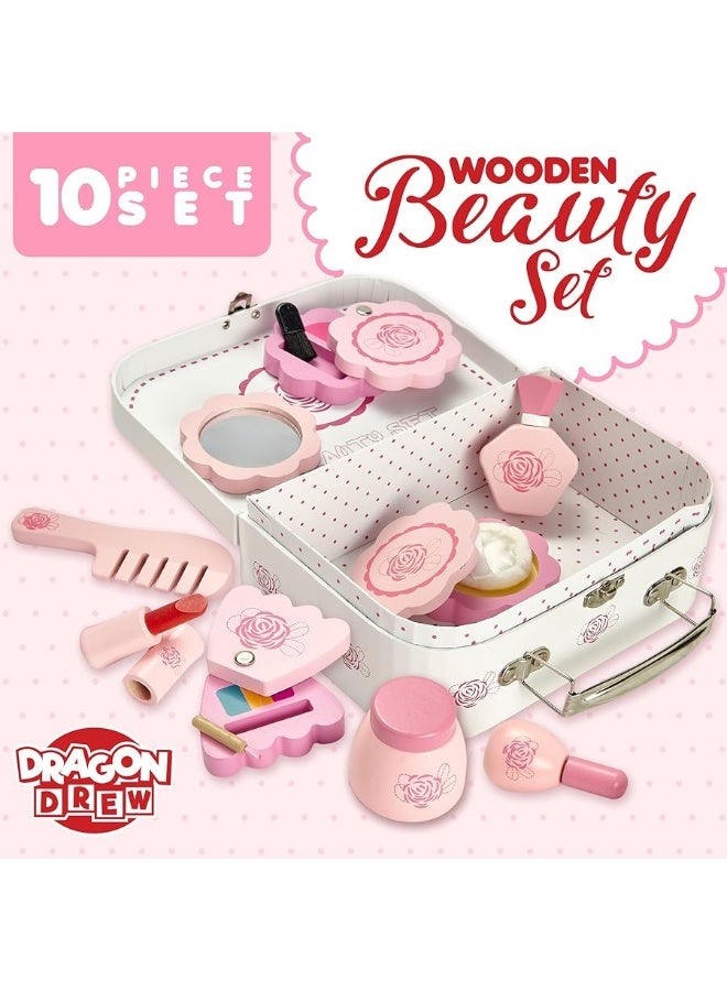 Wooden Toy Beauty Set â€“ 10 Piece Kit - Girls Salon Set with Makeup, Brush, Mirror and Cosmetics Case - 100% Natural Wood, Nontoxic Paint, Smooth Edges