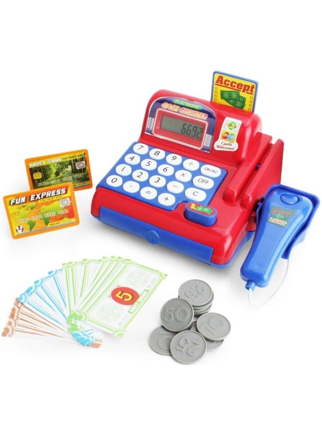 Boley Toy Cash Register with Scanner - Red and Blue Toddler Cash Register Toy for Kids with Calculator and Toy Credit Card Reader