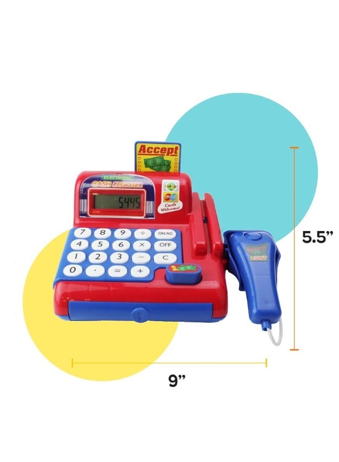 Boley Toy Cash Register with Scanner - Red and Blue Toddler Cash Register Toy for Kids with Calculator and Toy Credit Card Reader