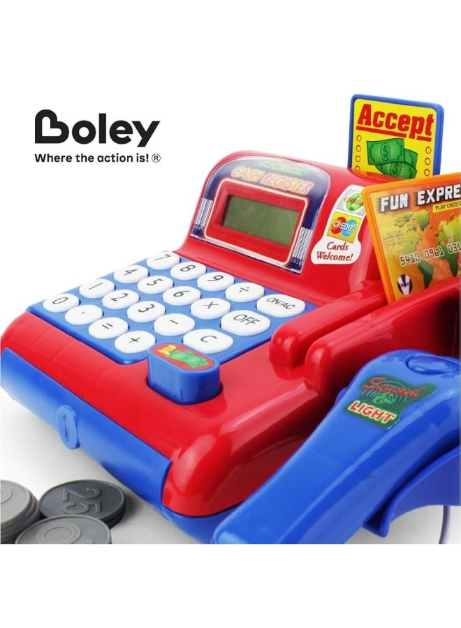 Boley Toy Cash Register with Scanner - Red and Blue Toddler Cash Register Toy for Kids with Calculator and Toy Credit Card Reader