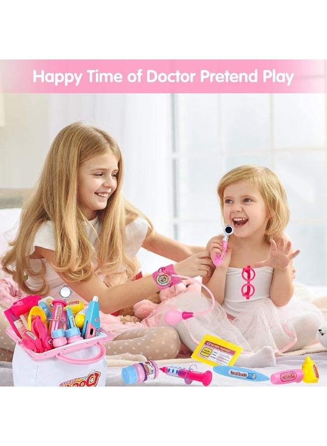 INNOCHEER Pink Doctor Kit for Kids, 25 Pieces Doctor Kit for Toddlers, Kids Doctor Playset Set with Roleplay Doctor Costume, Dress Up Clothes Halloween Costume for Girls Kids Dr Kit for Toddlers 3+