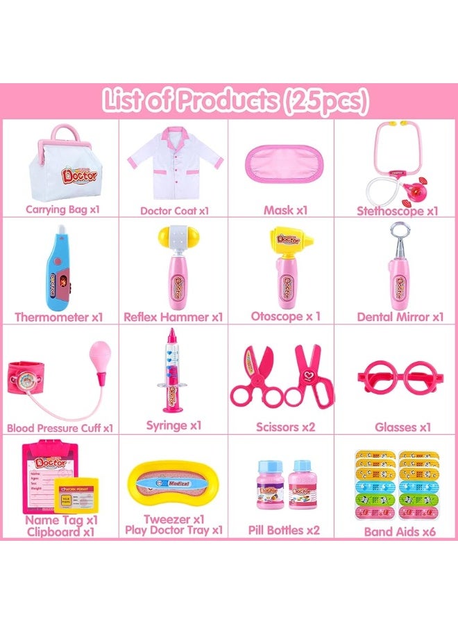 INNOCHEER Pink Doctor Kit for Kids, 25 Pieces Doctor Kit for Toddlers, Kids Doctor Playset Set with Roleplay Doctor Costume, Dress Up Clothes Halloween Costume for Girls Kids Dr Kit for Toddlers 3+