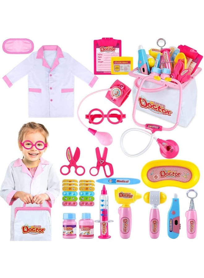 INNOCHEER Pink Doctor Kit for Kids, 25 Pieces Doctor Kit for Toddlers, Kids Doctor Playset Set with Roleplay Doctor Costume, Dress Up Clothes Halloween Costume for Girls Kids Dr Kit for Toddlers 3+