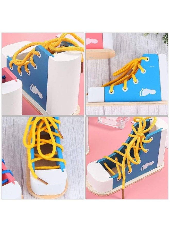 NUOBESTY Learn to Tie Shoes Wooden Lacing Shoe Toy Shoelaces Tying Toy Teaching Kit for Kids, Blue