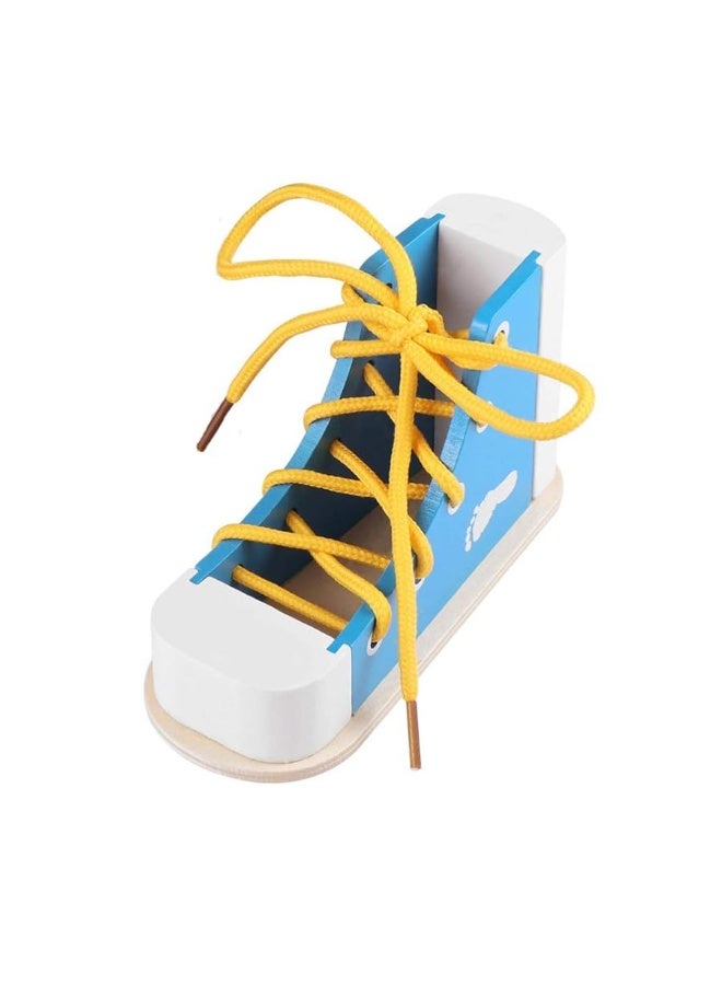 NUOBESTY Learn to Tie Shoes Wooden Lacing Shoe Toy Shoelaces Tying Toy Teaching Kit for Kids, Blue