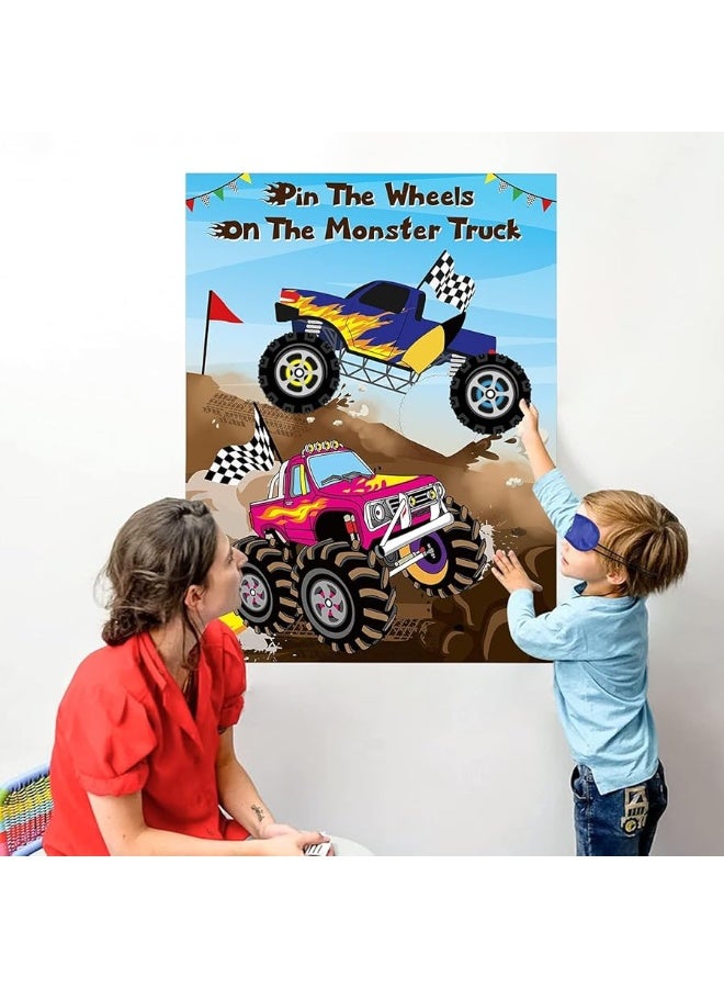 ANGOLIO Monster Truck Pin The Tail Games Party Supplies Pin The Wheels on The Monster Truck Poster Birthday Collection Favor Baby Shower Background Game Accessories for Kids (Includes 2 Blindfolds)