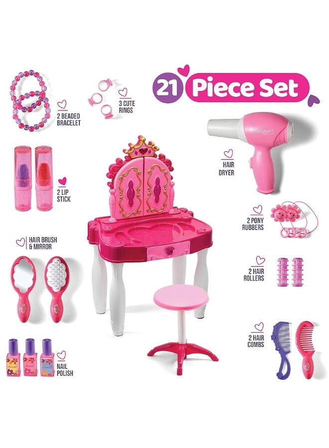 Play22 Pretend Play Girls Vanity Set with Mirror and Stool 21 PCS - Kids Makeup Vanity Table Set with Lights and Sounds - Includes Fashion Hair & Makeup Accessories, Blowdryer