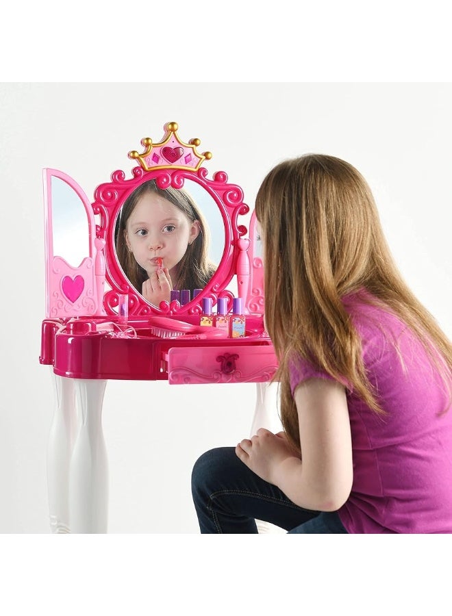 Play22 Pretend Play Girls Vanity Set with Mirror and Stool 21 PCS - Kids Makeup Vanity Table Set with Lights and Sounds - Includes Fashion Hair & Makeup Accessories, Blowdryer