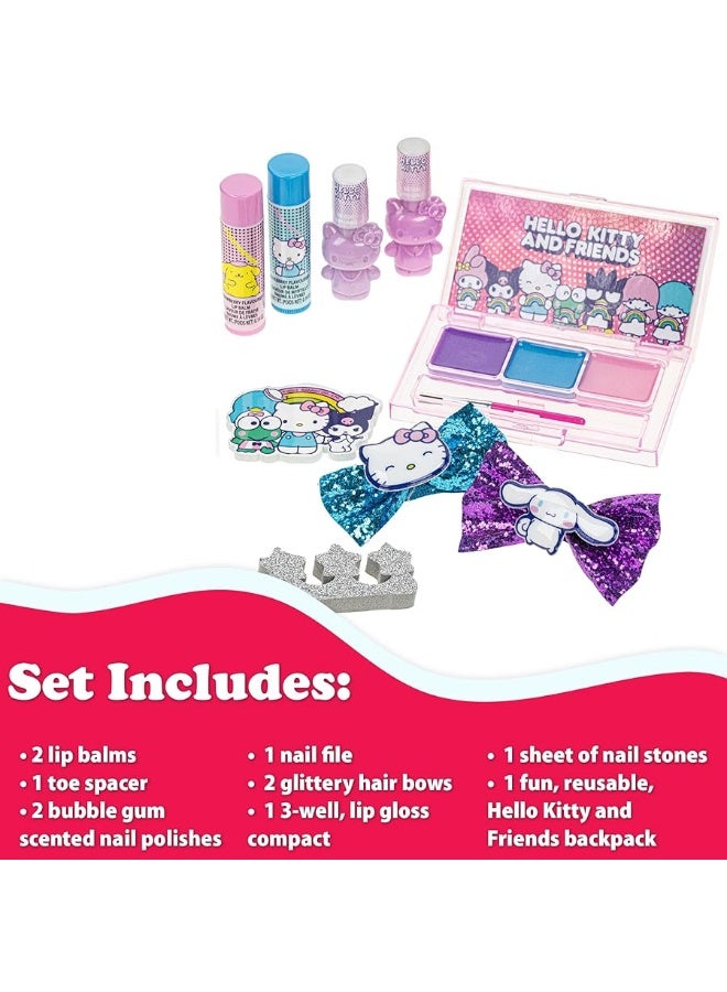 Hello Kitty and Friends- Townley Girl Makeup Filled Backpack Set with 12 Pieces, Including Lip Gloss, Nail Polish, Nail Stones and Other Accessories, Ages 3+ for Parties, Sleepovers and Makeovers