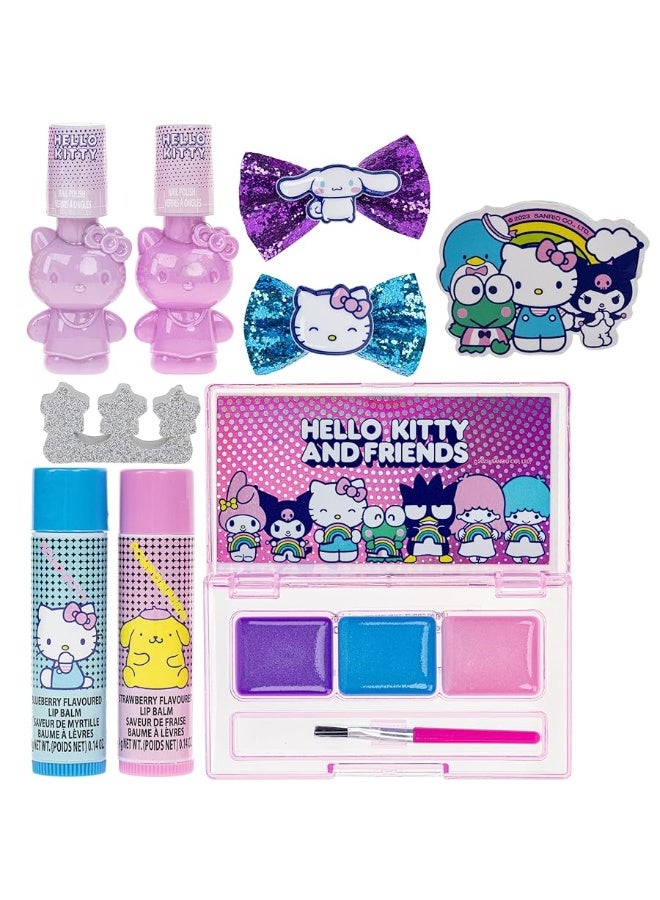 Hello Kitty and Friends- Townley Girl Makeup Filled Backpack Set with 12 Pieces, Including Lip Gloss, Nail Polish, Nail Stones and Other Accessories, Ages 3+ for Parties, Sleepovers and Makeovers