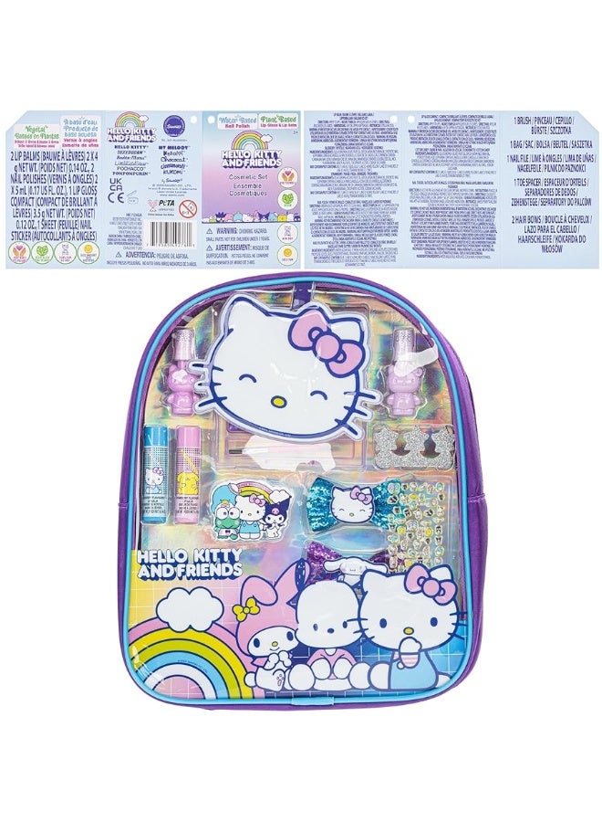 Hello Kitty and Friends- Townley Girl Makeup Filled Backpack Set with 12 Pieces, Including Lip Gloss, Nail Polish, Nail Stones and Other Accessories, Ages 3+ for Parties, Sleepovers and Makeovers