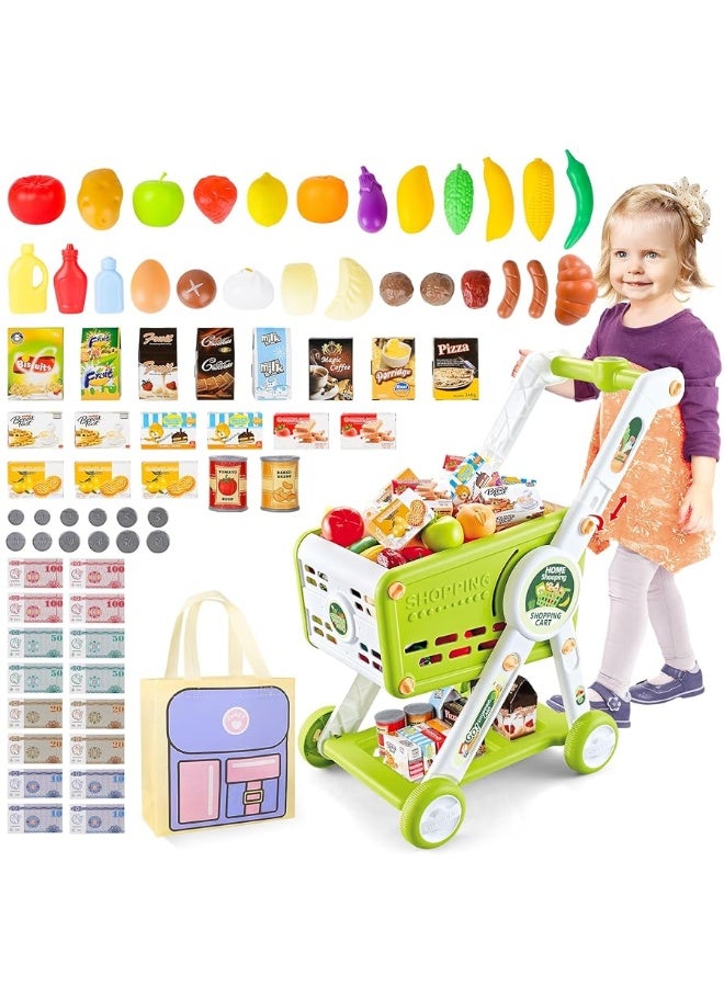 deAO Toy Shopping Cart for Kids75 Pcs Trolley Play Set with Pretend Food Fruits Vegetables and Accessorie Grocery Shopping Cart Pretend Play and Role Play Kitchen Toys Green