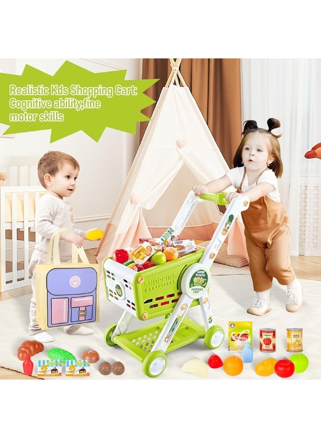 deAO Toy Shopping Cart for Kids75 Pcs Trolley Play Set with Pretend Food Fruits Vegetables and Accessorie Grocery Shopping Cart Pretend Play and Role Play Kitchen Toys Green