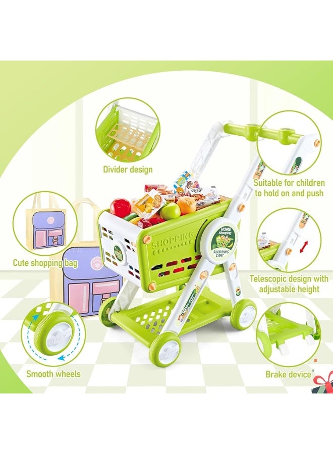 deAO Toy Shopping Cart for Kids75 Pcs Trolley Play Set with Pretend Food Fruits Vegetables and Accessorie Grocery Shopping Cart Pretend Play and Role Play Kitchen Toys Green