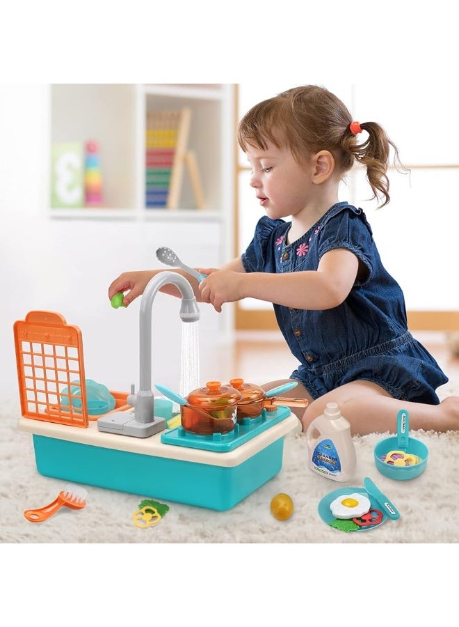 CUTE STONE Play Kitchen Sink Toys with Upgraded Real Faucet, Play Cooking Stove, Cookware Pot and Pan,Play Food, Color Changing Dishes Accessories for Boys Girls Toddlers