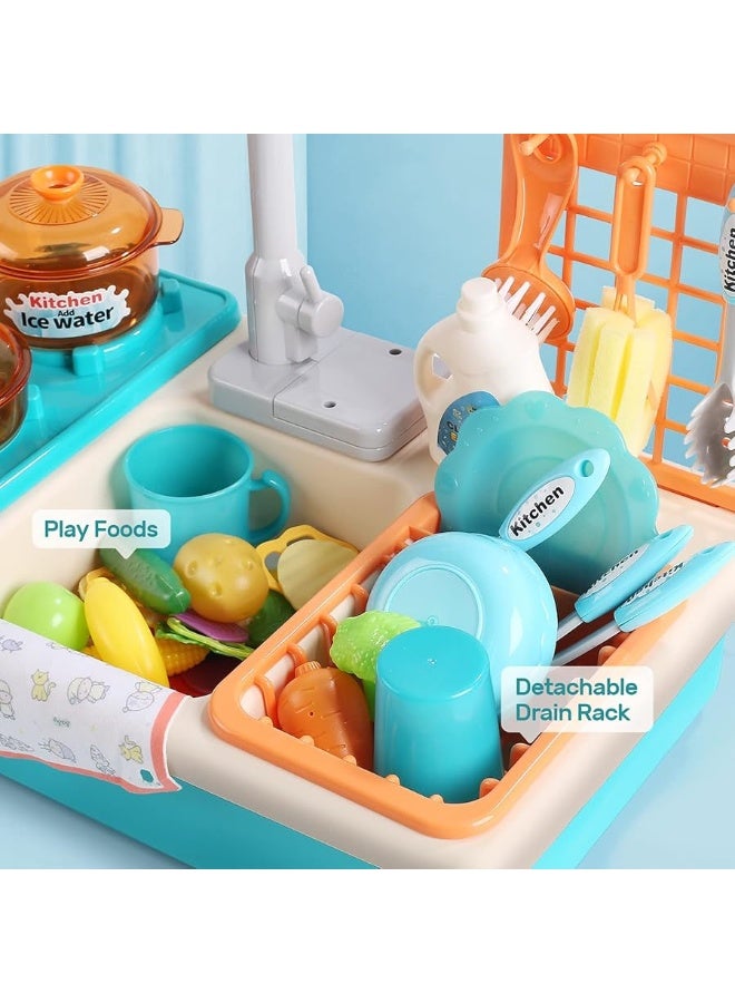 CUTE STONE Play Kitchen Sink Toys with Upgraded Real Faucet, Play Cooking Stove, Cookware Pot and Pan,Play Food, Color Changing Dishes Accessories for Boys Girls Toddlers