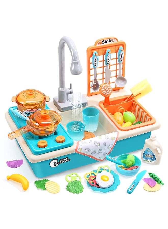 CUTE STONE Play Kitchen Sink Toys with Upgraded Real Faucet, Play Cooking Stove, Cookware Pot and Pan,Play Food, Color Changing Dishes Accessories for Boys Girls Toddlers