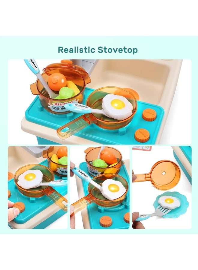 CUTE STONE Play Kitchen Sink Toys with Upgraded Real Faucet, Play Cooking Stove, Cookware Pot and Pan,Play Food, Color Changing Dishes Accessories for Boys Girls Toddlers